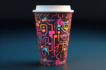 Obraz premium A futuristic coffee cup design with holographic elements, showcasing shifting colors and geometric patterns that create an otherworldly visual experience Generative AI