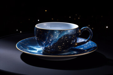 Fototapeta premium A celestial coffee cup design with a cosmic backdrop of stars and galaxies, accompanied by a crescent moon-shaped handle, invoking a sense of wonder Generative AI