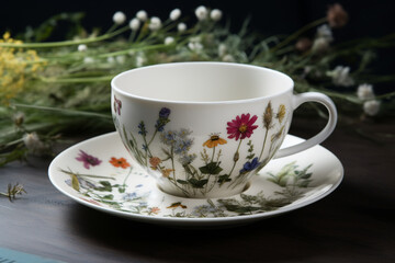 A nature-inspired tea cup design featuring a watercolor painting of blooming wildflowers, evoking a sense of tranquility and connection with the outdoors Generative AI