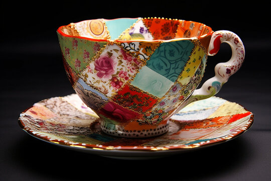 An eclectic tea cup design with a patchwork of different patterns, textures, and colors, creating a vibrant and dynamic visual experience Generative AI