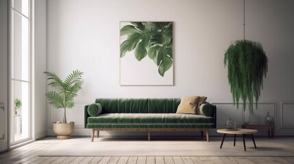 Grüne Coach Sofa in modernen Wohnzimmer modern minimalistisch grün pflanzen Generative AI
