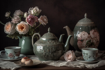 A vintage floral tea pot design with delicate roses and blossoms in muted tones, evoking a sense of nostalgia and romanticism Generative AI