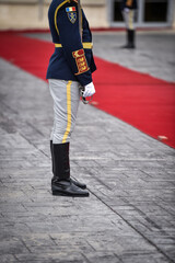 Soldiers representing the guard of honor are seen during a welcome ceremony with red carpet