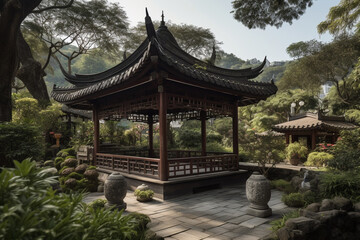 Fototapeta na wymiar A tranquil tea garden with lush greenery and a traditional Chinese pavilion, serving as a picturesque backdrop for the tea ceremony Generative AI