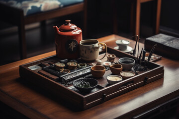 Fototapeta na wymiar An artfully arranged tea tray with various tea utensils and a pot of steaming tea, inviting viewers to immerse themselves in the tea ceremony experience Generative AI