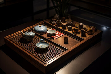 An artfully arranged tea tray with various tea utensils and a pot of steaming tea, inviting viewers to immerse themselves in the tea ceremony experience Generative AI