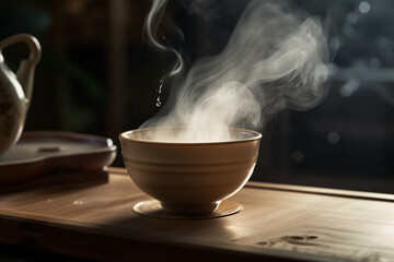 A peaceful moment captured as steam rises from a teacup, symbolizing the harmony and tranquility sought in a traditional Chinese tea ceremony Generative AI