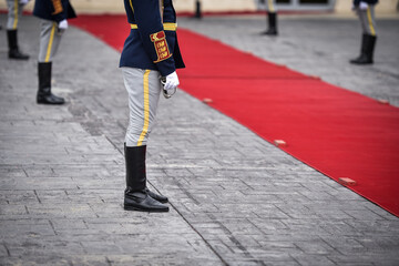 Soldiers representing the guard of honor are seen during a welcome ceremony with red carpet