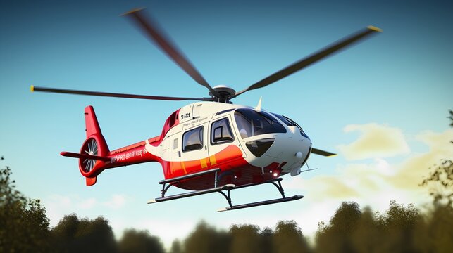 Concept of air ambulance, featuring a helicopter soaring in the sky. Air medical services delivering rapid response and emergency care in remote or hard to reach locations. Generative AI.