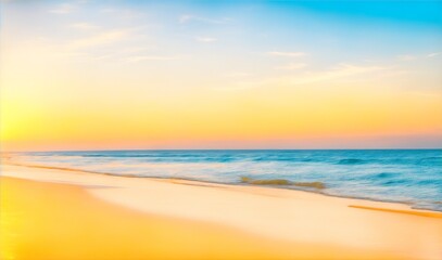 Panoramic beach landscape. Inspire tropical beach seascape horizon. Orange and golden sunset sky calmness tranquil relaxing sunlight summer mood. Vacation travel holiday banner, generative ai - obrazy, fototapety, plakaty