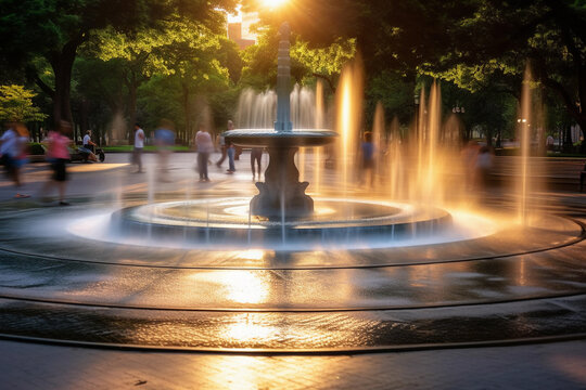 A Public Water Fountain, Long-exposure Photography. Generative AI