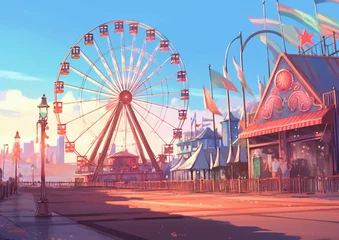 Deurstickers 観覧車のあるテーマパーク遊園地アニメ背景,Generative AI © rrice