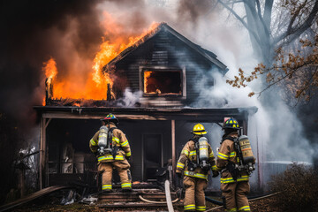 Obraz premium Firefighters putting out a home fire. Group of firefighters extinguishing fire burning on a building. Generative AI