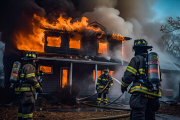 Obraz premium Firefighters putting out a home fire. Group of firefighters extinguishing fire burning on a building. Generative AI