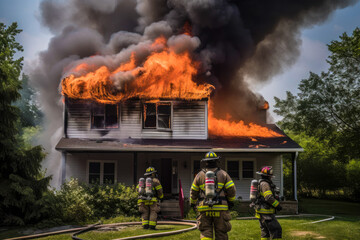Firefighters putting out a home fire. Group of firefighters extinguishing fire burning on a building. Generative AI