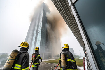 Firefighters putting out a skyscraper fire. Group of firefighters extinguishing fire burning on a building. Generative AI