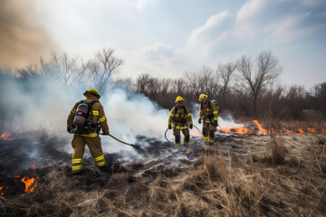 Obraz premium Firefighters putting out a wildfire fire. Group of firefighters extinguishing fire burning in nature. Generative AI