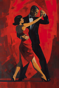 Argentine tango dance, painting of a man and a woman dancing. Generative AI.