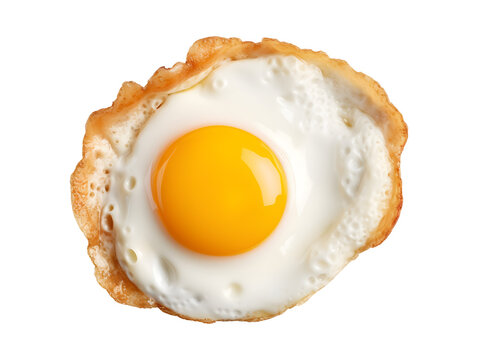 Fried egg isolated on transparent white background. Top view. Flat lay.