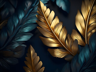 Luxury gold wallpaper. Black and golden abstract background. Tropical leaves wall art design, shiny golden leaves. Modern art mural wallpaper. 