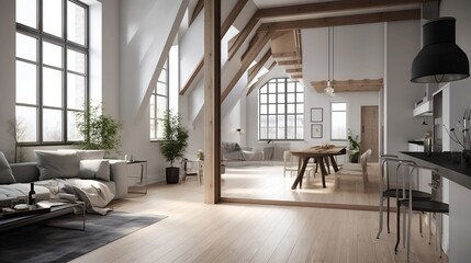 Modern living room Scandinavian loft apartment 3d rendering Interior design