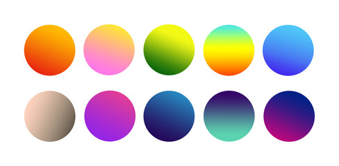 Set of gradients in circle shape. 10 gradient backgrounds for web design projects, cards, flyers, invitations, posters, presentations