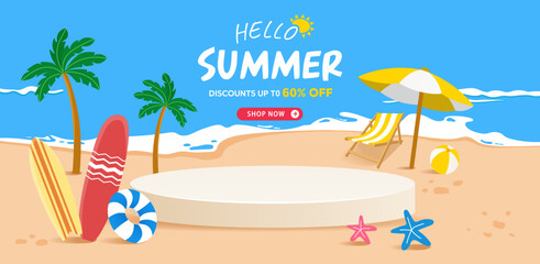 hello summer sale banner illustration, vector, shopping, flash sale, podium.