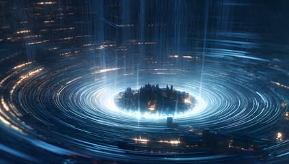 Fototapeta na wymiar a whirl of binary codes and lights arround a city. generative AI