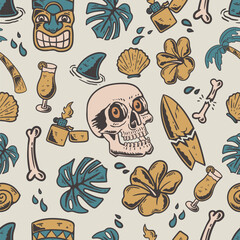 seamless pattern summer skull doodle in retro vintage style