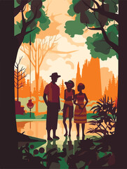 Happy family walking in park. Poster in retro style. Vector illustration