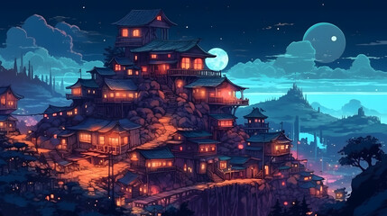 Fototapeta na wymiar Illustration of a Serene Village at Night. Generative AI