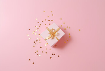 a pink gift box with golden ribbons on a pink background. It is an ideal image to illustrate celebration christmas topics,copy space, Generative AI