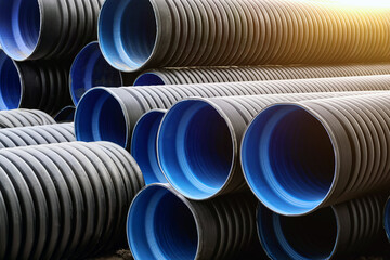 Close-up of a lot of large plastic corrugated pipes for water supply.