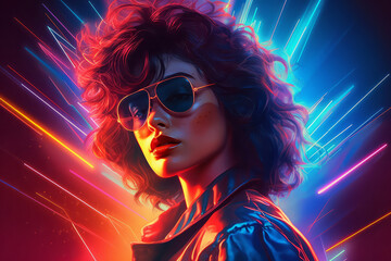 1980s vintage neon glow fashion portrait illustration. woman with retro 80's style. Generative ai