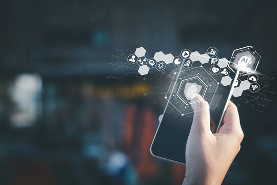 Internet of thing concept, Business woman using smart phone. Global Business with internet connection technology, Application, digital marketing, Financial and banking, big data, report, analysis. - Powered by Adobe