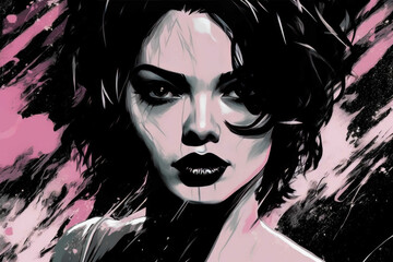 Enticing vampire woman with black hair and sinister beauty. Generative AI