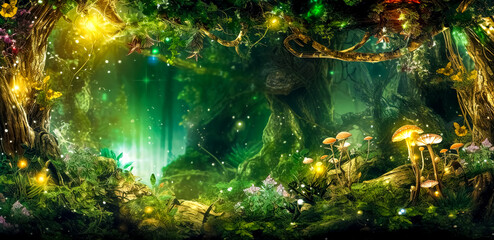 fairytale forest, banner with copy space, made with Generative AI