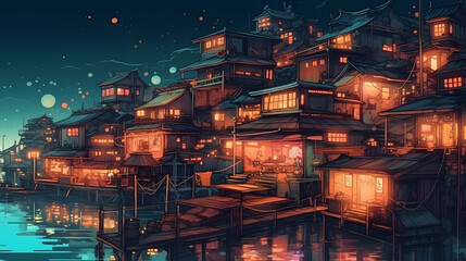 Dreamy Illustration of a Nighttime Village. Generative AI