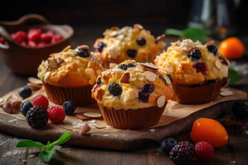 Muffins with berries. Generative AI