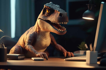 Cute tyrannosaurus playing with a laptop at a desk. Generative AI