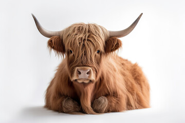 A long haired cow laying down on a white surface. Generative AI.