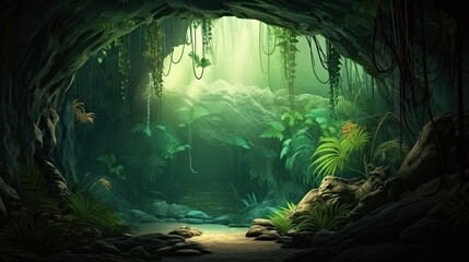 A Magical Escape - Tropical Landscape of a Realistic Dense Forest with a Fantasy Cave or Hole, as Green Fairies Fly by. Generative AI