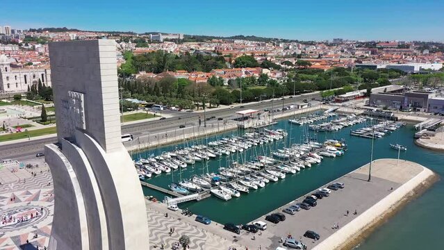 Aerial video of Marina Duca de Belham, and Padrao dos Descobrimentos Lisbon 