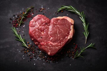 Sizzling Valentine's Day Steak: A Romantic Heart-Shaped Meal of Beef, Rosemary, and Red Nubes, Generative AI