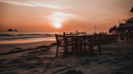 Fototapeta na wymiar The Perfect Paradise: Relaxing at an Eatery on the Beach at Sunset. Generative AI
