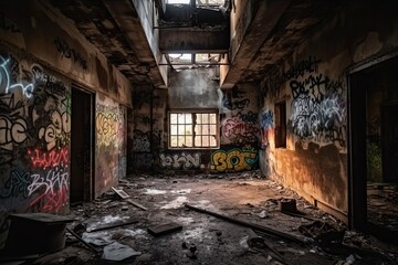 Fototapeta na wymiar Twilight Scene of an Abandoned Factory with Paint and Graffiti Eroding the Brick Walls. Generative AI