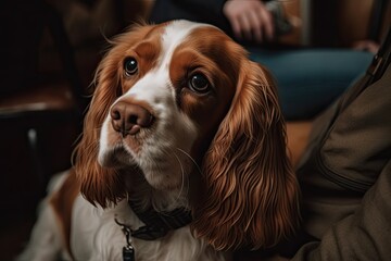Unrecognized Owner Showing Love and Care to Sweet Obedient Spaniel Sitting on Chair at Home, Generative AI