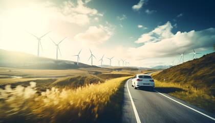 Electric car drive on the wind turbines background. Electric car driving along windmills farm. Alternative energy for cars. Car and wind turbines farm.
