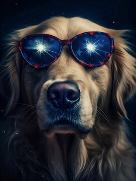 Cute golden retriever wearing glasses colored in USA national colors. AI generative