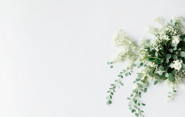 Styled stock photo. Feminine wedding desktop mockup with baby's breath Gypsophila flowers, dry green eucalyptus leaves, satin ribbon and white background. Empty space. Generative ai